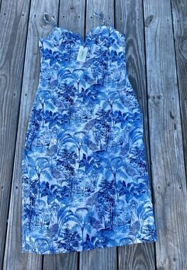Cider Tropical Print Midi Slip Dress - Blue/White - Size L (US Size 8)